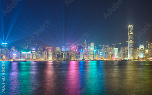 Light show at Victoria Harbour Hong Kong . © borisbelenky