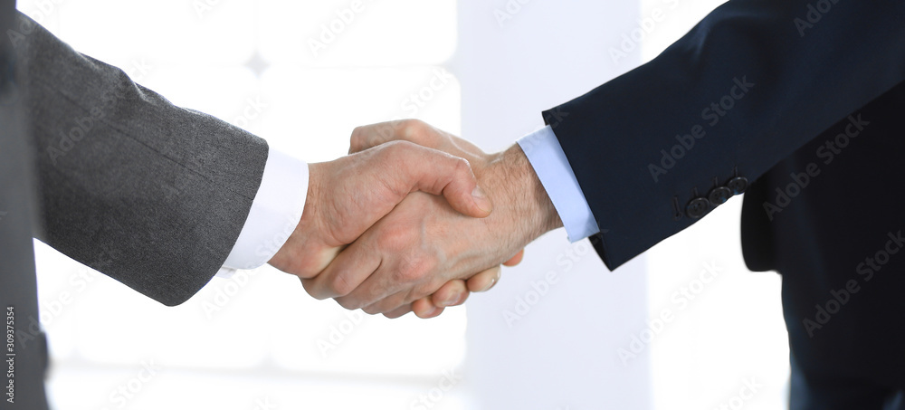 Business people shaking hands while standing with colleagues after meeting or negotiation, close-up. Group of unknown businessmen and women in modern office. Teamwork, partnership and handshake Business people shaking hands while standing with colleagues after meeting or negotiation, close-up. Group of unknown businessmen and women in modern office. Teamwork, partnership and handshake