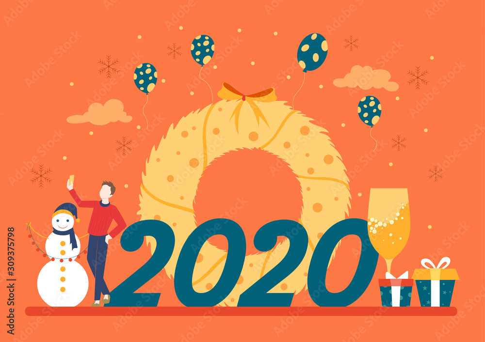 illustration of people celebrating Merry Christmas and Happy New Year 2020 on holiday background
