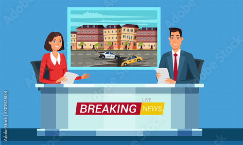 Live breaking news flat illustration. TV studio interior vector illustration. Television news program presenters cartoon characters. Disaster, catastrophe tidings. Broadcast announcing.