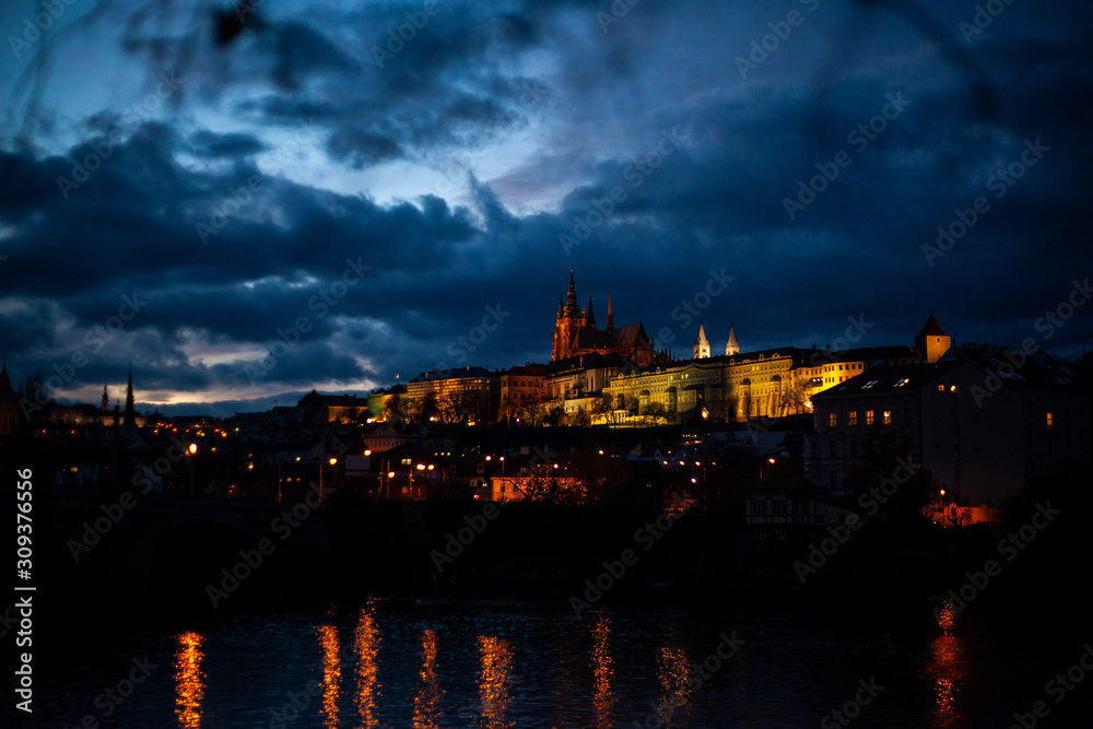 beautiful sunset on vltava river Prague