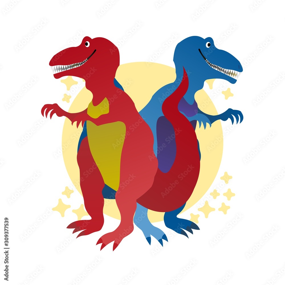 Illustration of Red and Blue Dinosaur  Cartoon, Cute Funny Character, Prehistoric Animals, Flat Design