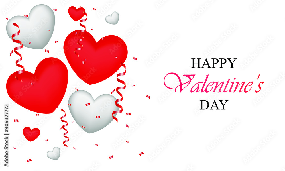 Valentine's day banner. Vector illustration with realistic flying red and white hearts, balloons and confetti on a white background.