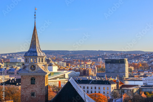 Cityscape with opera house and Akershus Castle and Fortress complex  Oslo  Norway