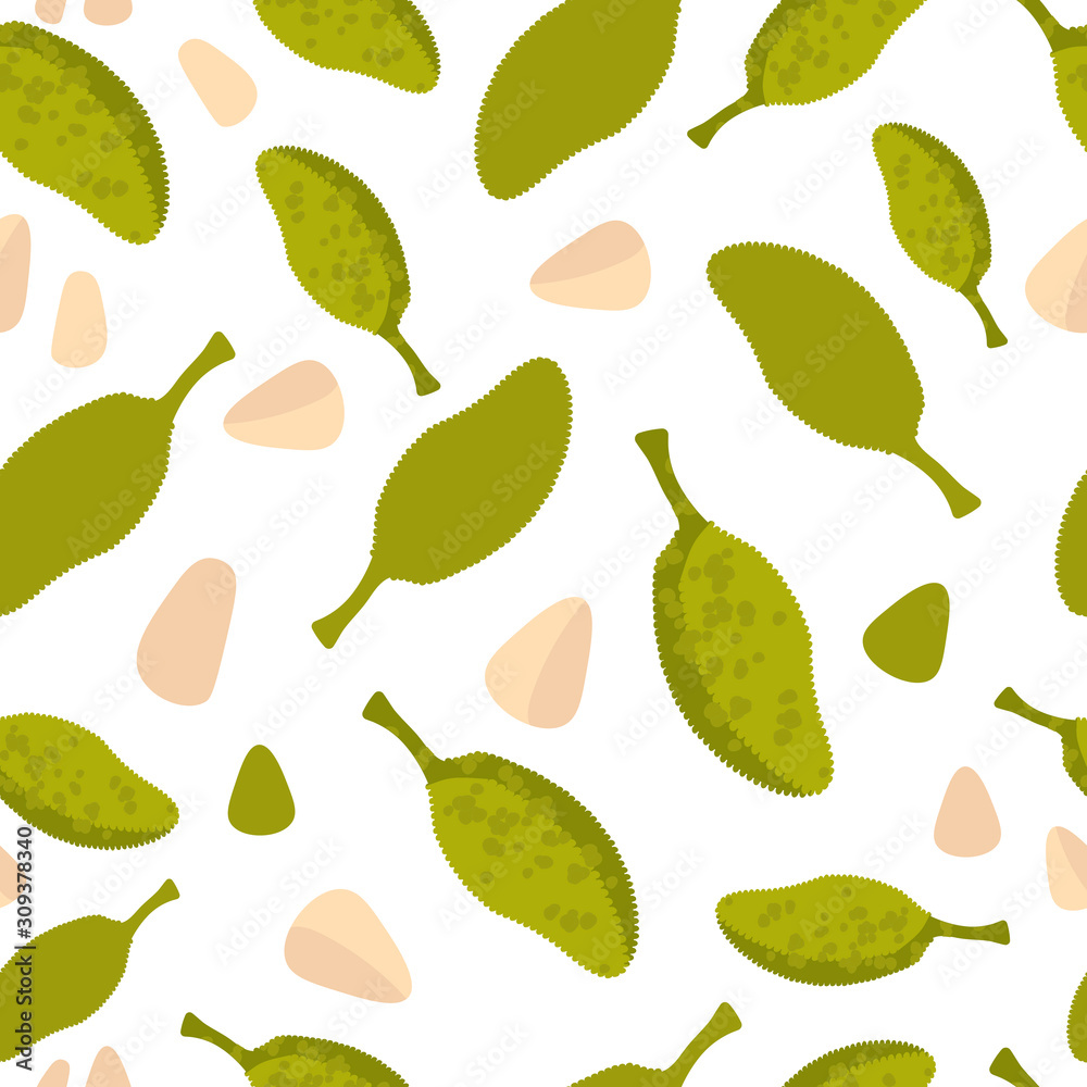 Vector seamless pattern with tropical fruit jackfruit. For design packaging, textile, background, design postcards and posters. Vector seamless pattern with tropical fruit jackfruit. For design packaging, textile, background, design postcards and posters.