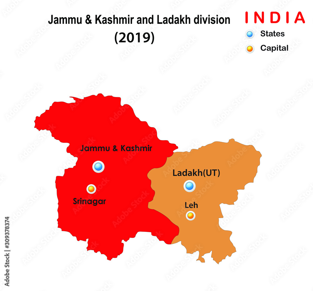 vector illustration of Jammu Kashmir and Ladakh new map with state and