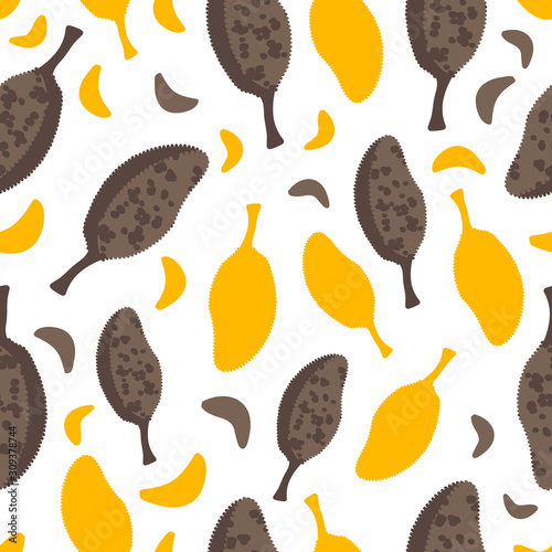 Vector seamless pattern with durian and tropical fruit silhouette. For design packaging, textile, background, design postcards and posters.