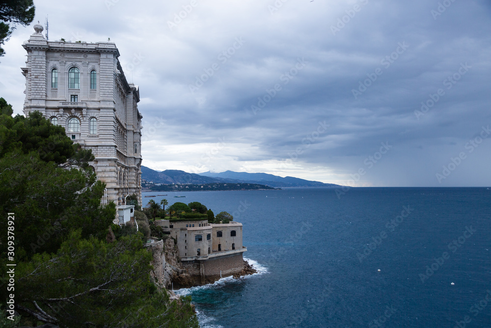 Monaco coastline with rainy clouds, storm is coming.