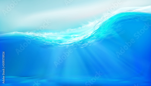 Rough sea illuminated by the rays of the sun. Bathing beach. Swimming pool under water. Vector illustration.