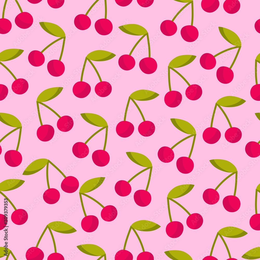 Vector seamless pattern with cherry on a pink background. For design packaging, textile, background, design postcards and posters. Vector seamless pattern with cherry on a pink background. For design packaging, textile, background, design postcards and posters.