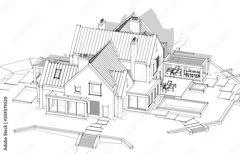 3d rendering of modern cozy clinker house on the ponds with garage and pool for sale or rent. Black line sketch with soft light shadows on white background