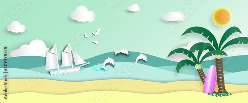 Sea view and barque in summer with coconut tree and surfboard on beach of paper art style vector or illustration with travel concept