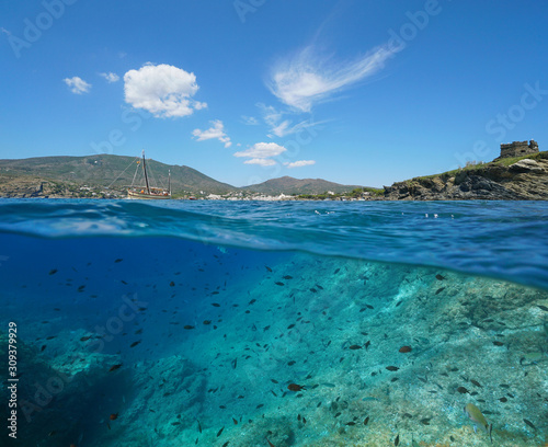 Spain, Mediterranean seascape near Cadaques, coastline with many fish in the sea, Costa Brava, split view over and under water surface, Catalonia