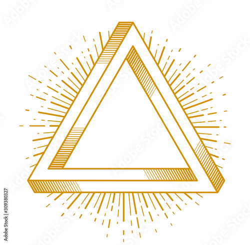 Sacred geometry triangle dimensional 3d impossible shape, vector logo or emblem design element.