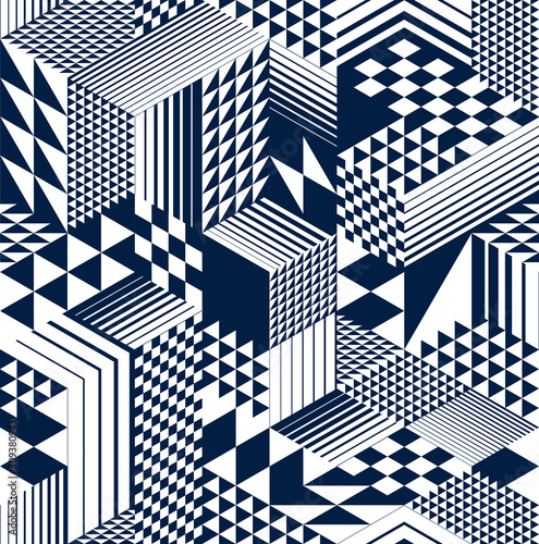 Geometric 3D seamless pattern with cubes, rhombus and triangles boxes blocks vector background, architecture and construction, wallpaper design.