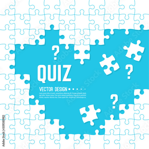 Vector abstract background with unfinished jigsaw puzzle pieces. Question mark and quiz  symbol. Problem solving concept.