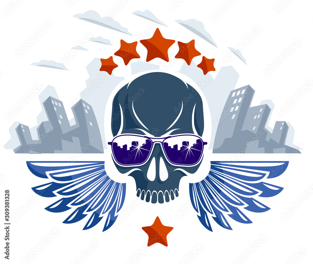 Obraz premium Urban culture style skull in sunglasses vector logo or emblem, gangster or thug illustration, anarchy chaos hooligan, ghetto theme.