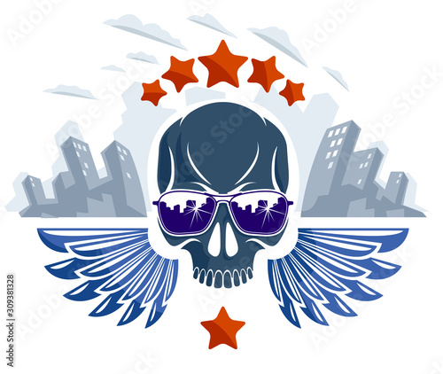 Urban culture style skull in sunglasses vector logo or emblem, gangster or thug illustration, anarchy chaos hooligan, ghetto theme.