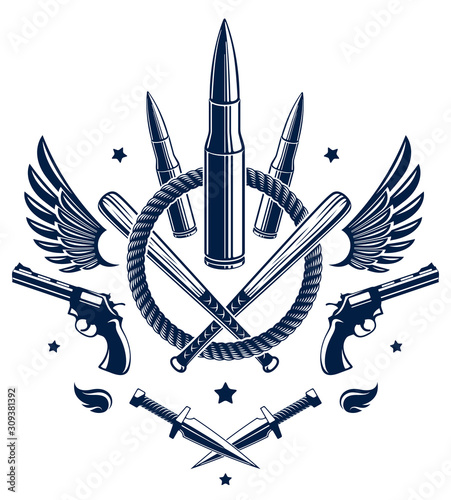 Revolution and War vector emblem with bullets and guns, logo or tattoo with lots of different design elements, riot partisan warrior, criminal and anarchist style, social tension theme.