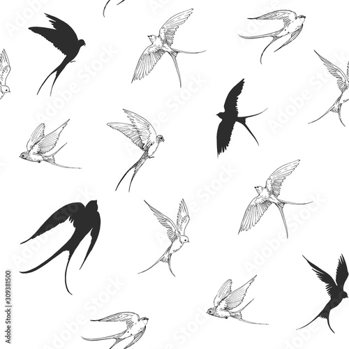 Seamless patterns with flying swallows. Vector shapes with transparent background.