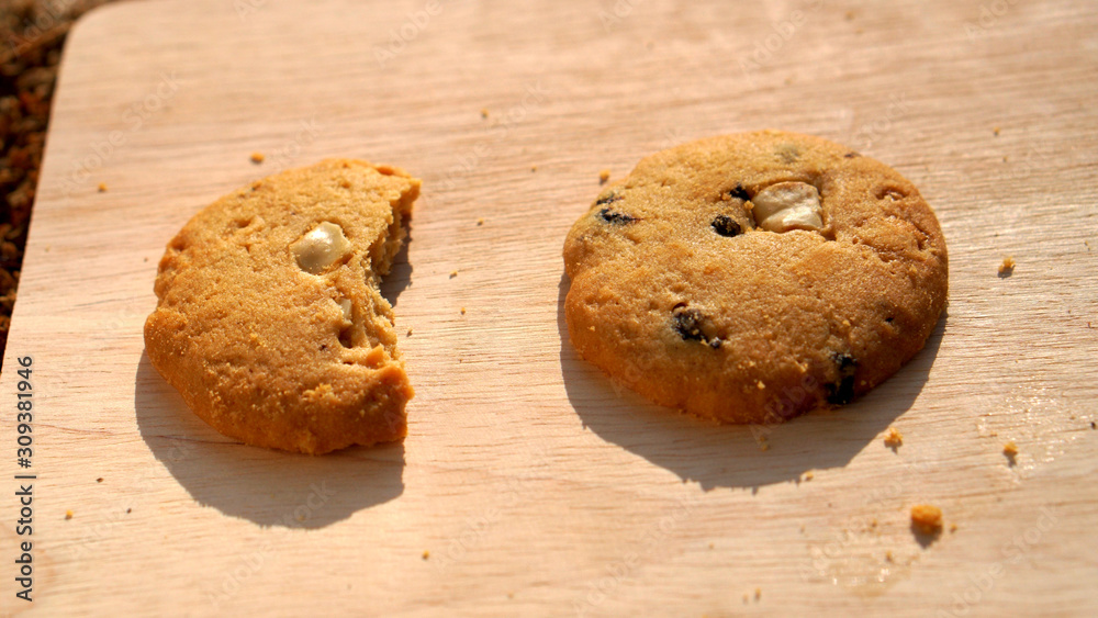 Chocolate chip cookies for Breakfast. Chocolate chip cookies on a wooden floor.