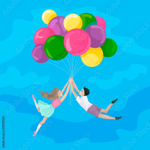 The boy and the girl fly and to hold color bright balloons. Vector illustration