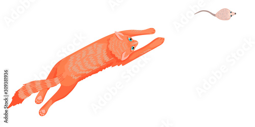 Red cat runs for a mouse, hunting for food. Vector illustration