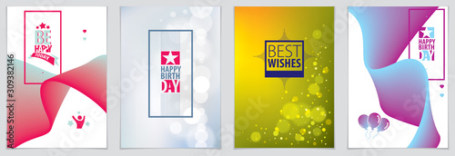 Birthday joyful and bright vector greeting card. Includes lettering composition and balloons combined with wavy fluid colorful shape abstract backgrounds collection.
