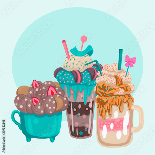 Three different milkshakes. Vector objects on a white background