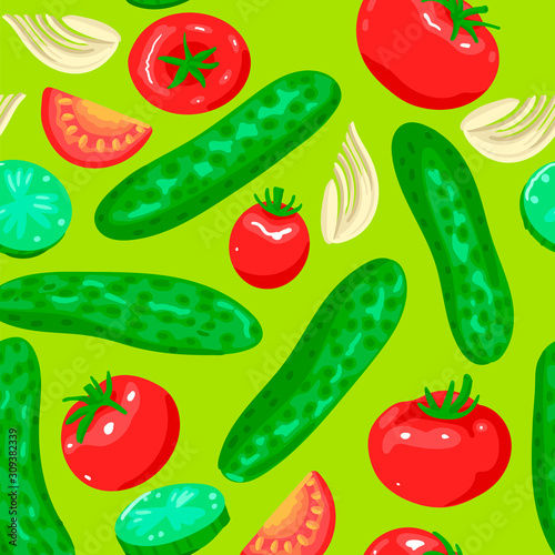 Vegetable for salad. Tomatoes, cucumbers and sliced onions. Seamless vector pattern