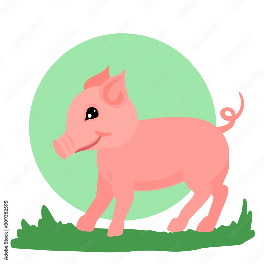 Little piglet stands on the green grass. Vector isolated object.