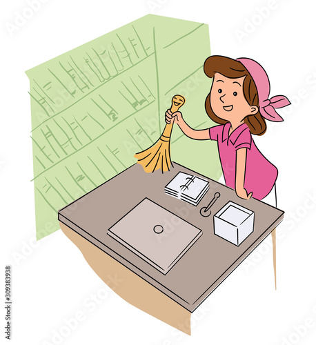 Cute little girl helper dusting off cleaning table