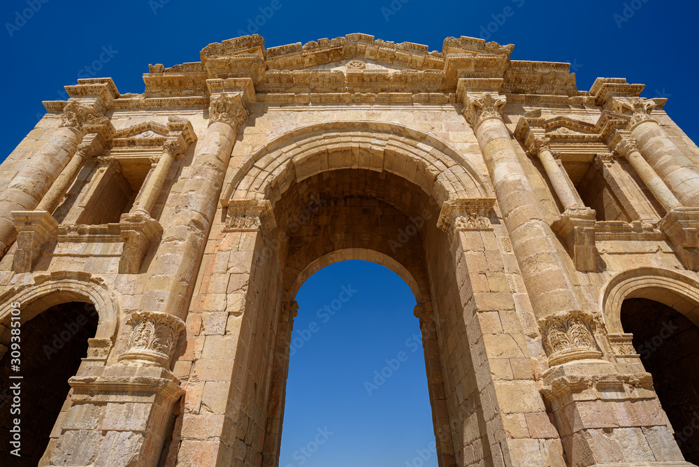 2nd century Arch of Hadrian at ruins of Ancient Roman City Gerasa In Jerash, Jordan