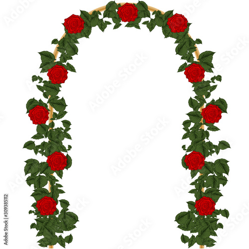 Golden arch with red roses. Vector art