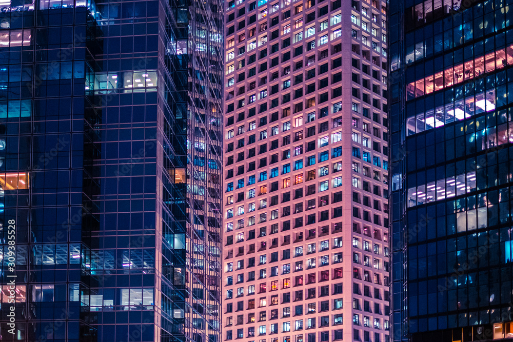 office building facade at night - business district -