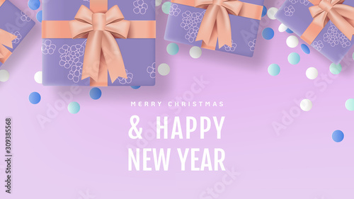 Christmas and New Year banner mockup template design, present boxes and white confetti, pastel purple tone