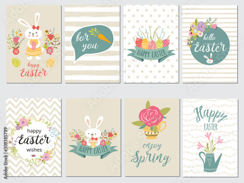 Photography Set of Happy Easter card templates with eggs flowers floral frames wreaths rabbi