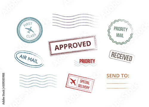 Grunge style colorful postmarks stamps set of vector illustrations isolated.