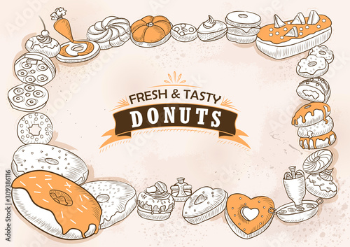 illustration of template of different types of Donut for menu background design of Hotel or restaurant
