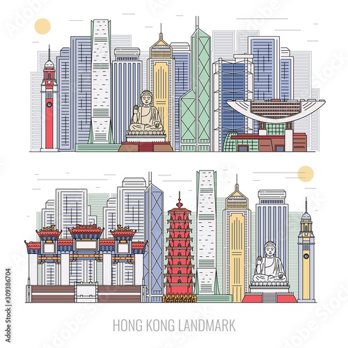 Hong Kong skyline background with landmarks sketch vector illustration isolated.