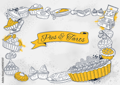illustration of template of different types of Pie and Tart for menu background design of Hotel or restaurant