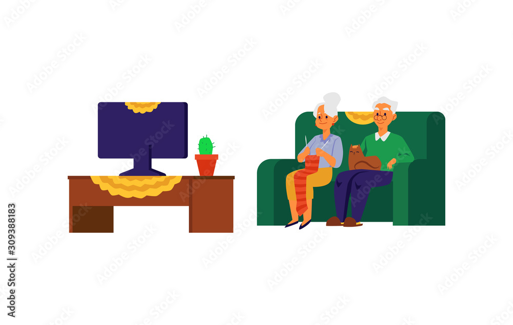 Senior couple watching TV in nursing home, flat vector illustration isolated.