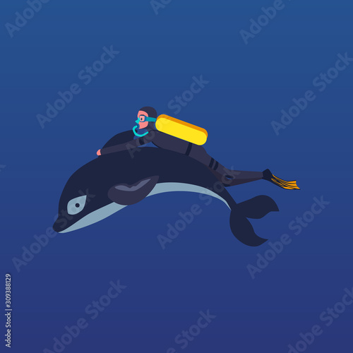Cartoon man scuba diving while holding dolphin fin isolated on blue background