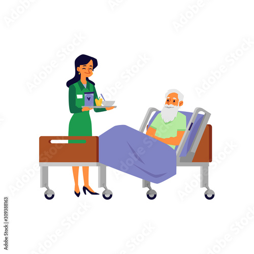 Nursing home patient lying in bed and female nurse bringing food in lunch tray