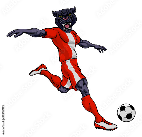 A panther soccer football player cartoon animal sports mascot kicking the ball