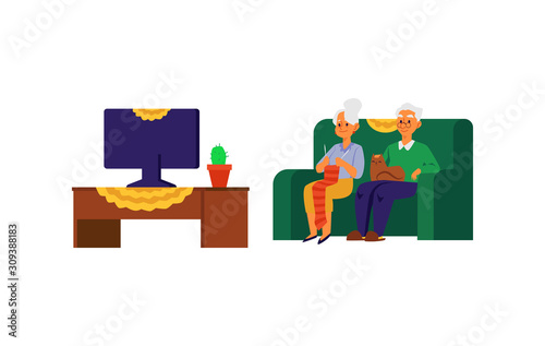 Senior couple watching TV in nursing home, flat vector illustration isolated.