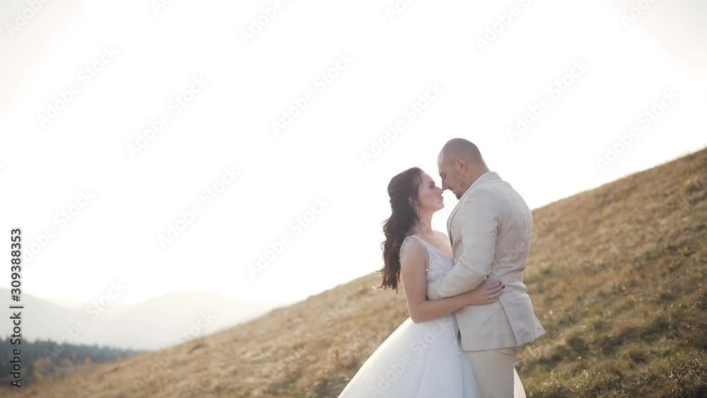 Bride and groom stand in front each other in the autumn mountains. wide view. a lonely tree behind them. sun glare. Slow motion Bride and groom stand in front each other in the autumn mountains. wide view. a lonely tree behind them. sun glare. Slow motion