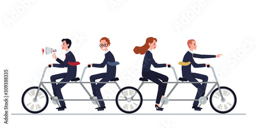 Business team bad work - people riding bike flat vector illustration isolated.