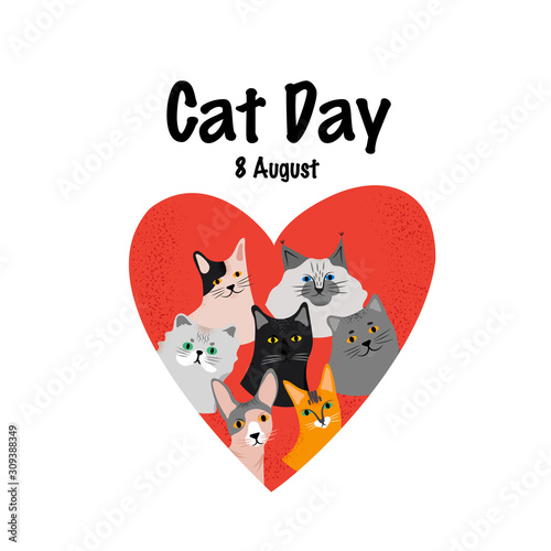 Greeting card with text Cat Day. 8 August. Group of domestic animals different breeds. Cute pets.