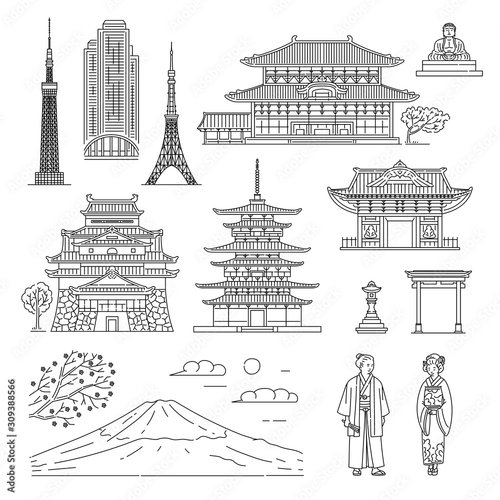 Fototapeta premium Japan line art set - Oriental architecture, people in national clothes and Fuji